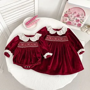 Autumn New Baby Girl Red Velvet Long Sleeve Infant Romper O-Neck Collar Casual Crawling Outfit Embroidery Girls Clothes for Kids