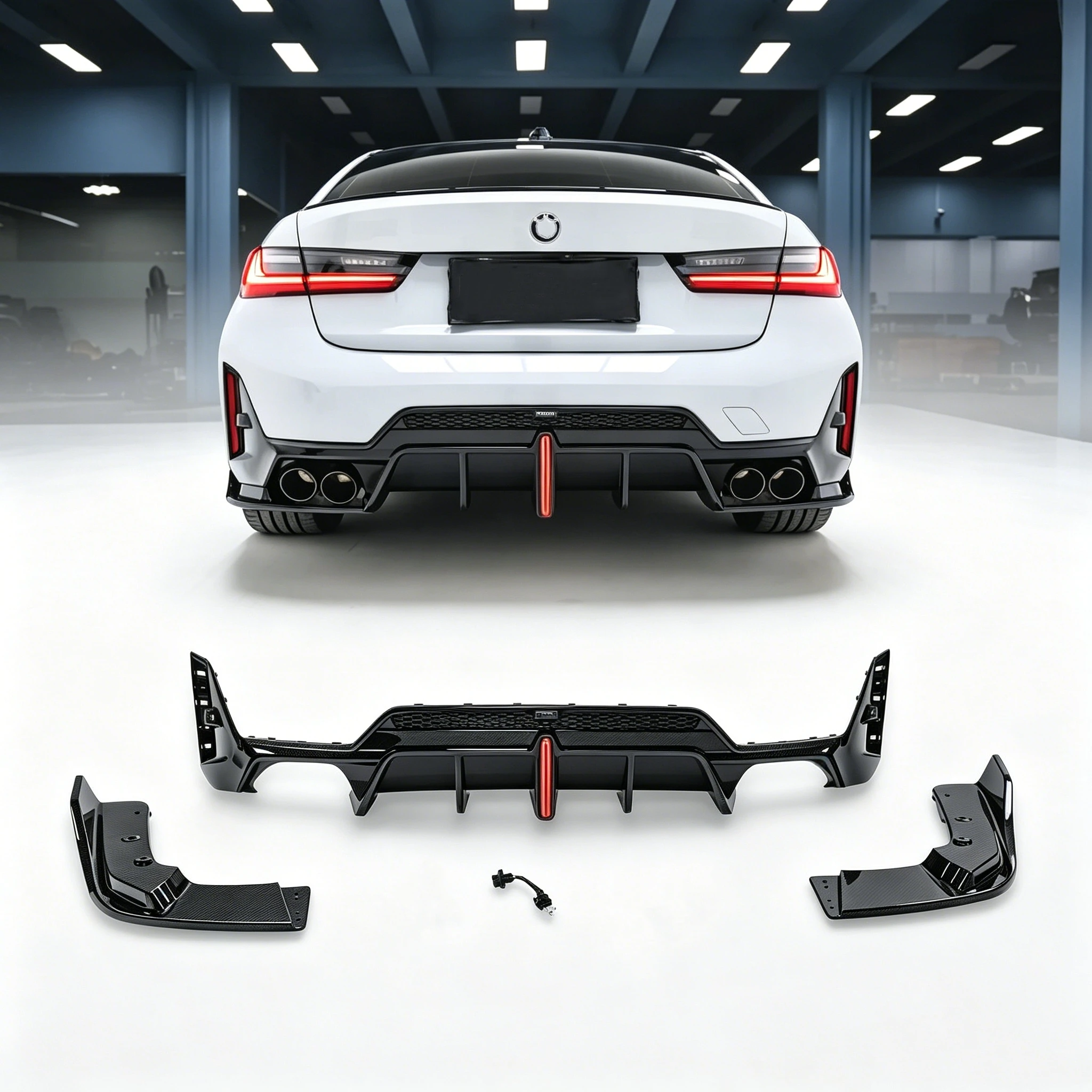 VTEN M-Sport Rear Bumper Gloss Black PP Rear Lip Splitter Diffuser with LED Brake Light for BMW 3 Series G20 LCI 2023+