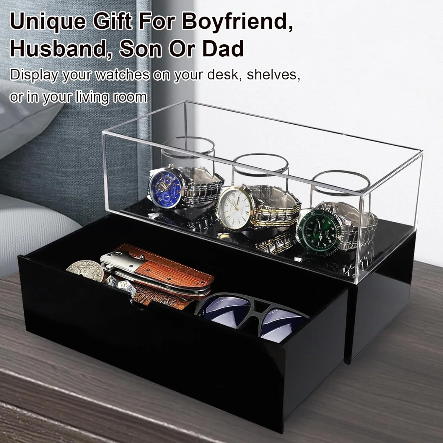 Bespoke 3-slot Protective Acrylic Watch Display case for Men Watches Box  Holder with a Drawer