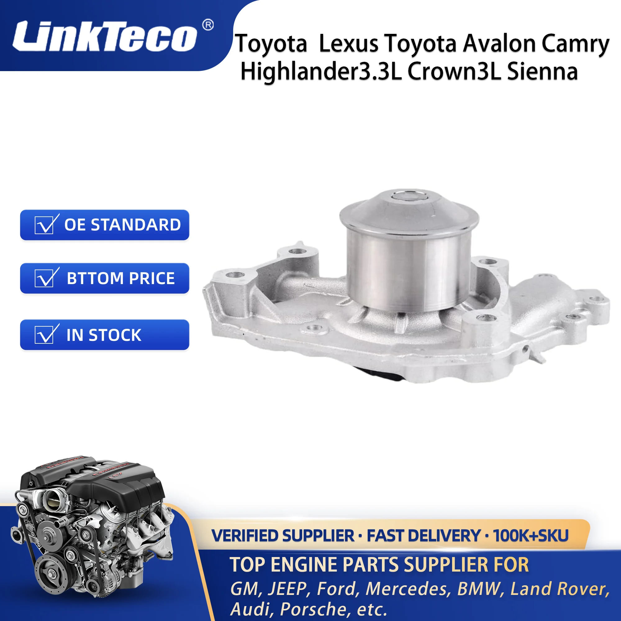 Linkteco Engine Water Pump for Select 94-10 Lexus ES300 Toyota Avalon Camry Highlander 3.3L Crown 3L Sienna 1610009070