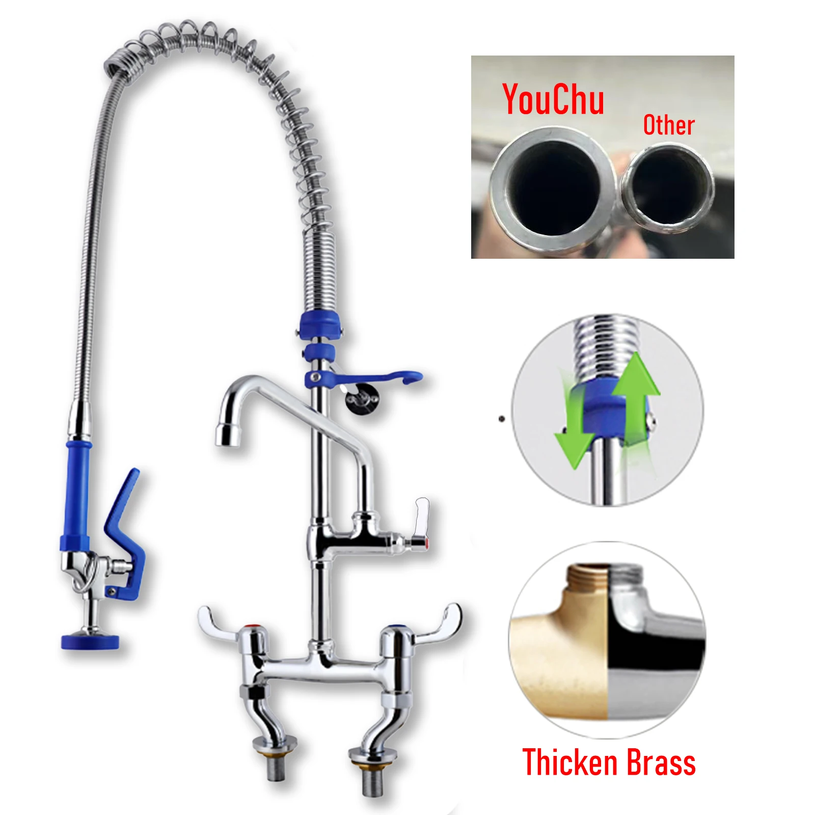 Commercial European Polished Chrome 2-Handle Deck Mount Pull Pre-Rinse Spray Utility Faucets Taps for Restaurant Kitchen Mall