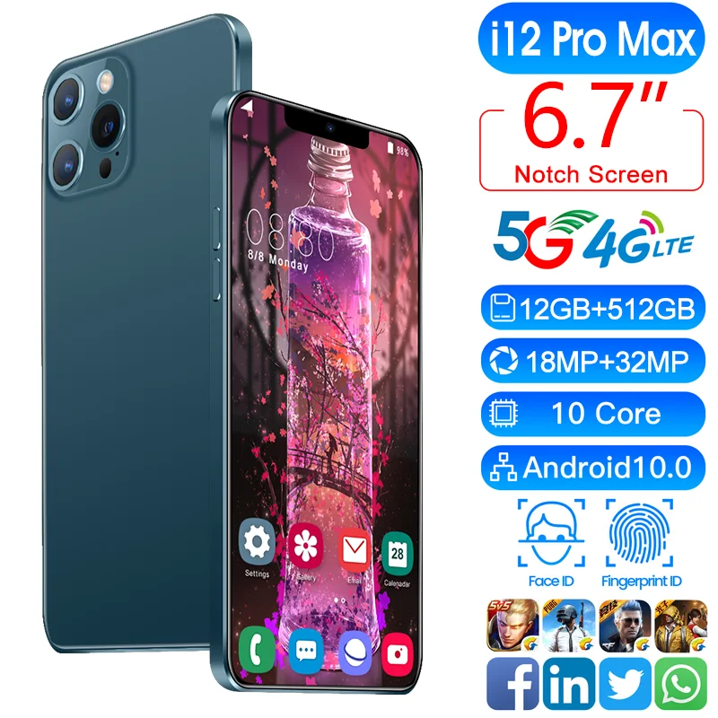 
Смартфон i12 Pro Max +, 6,7 дюйма, 12 + 512 ГБ, Android, 10 ядер, 5G LET phone 3, камера MTK6889, распознавание лица, разблокированный мобильный телефон 