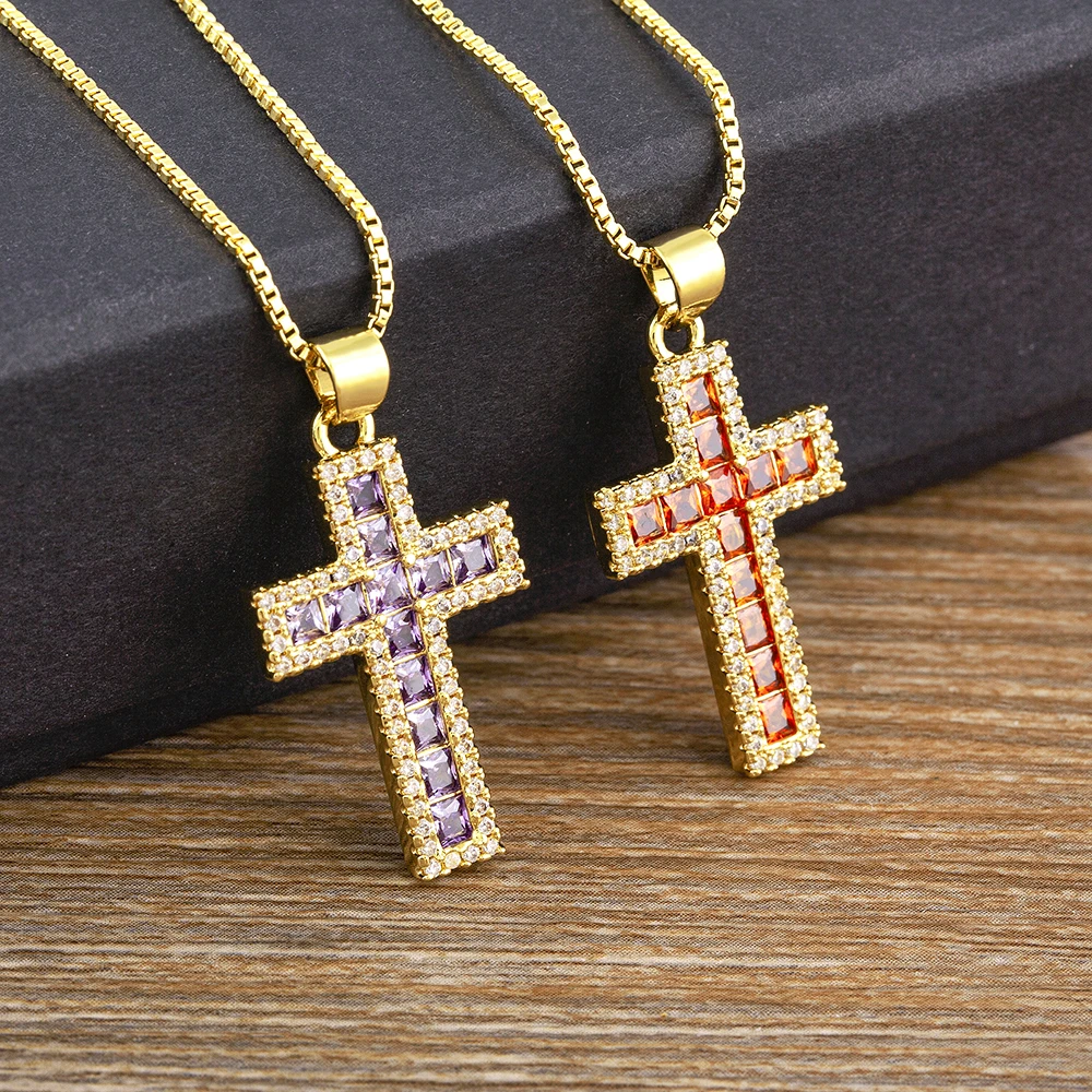 QIKU 6 Colors Rhinestone Cross Shape Pendant Necklace Copper Zircon Chain Choker Religious Pray Jewelry Women Gift Dropshipping