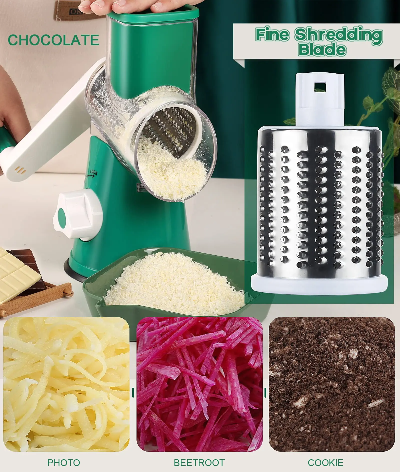 Tumbling Box Shredder 3 Grating Drums Fine & Coarse & Slicing Turquoise