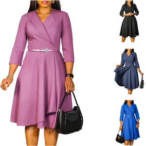 D524 Latest Design Autumn Career Dresses Women Lady Elegant V-neck High Waist A-line Office Lady Dress African Dresses