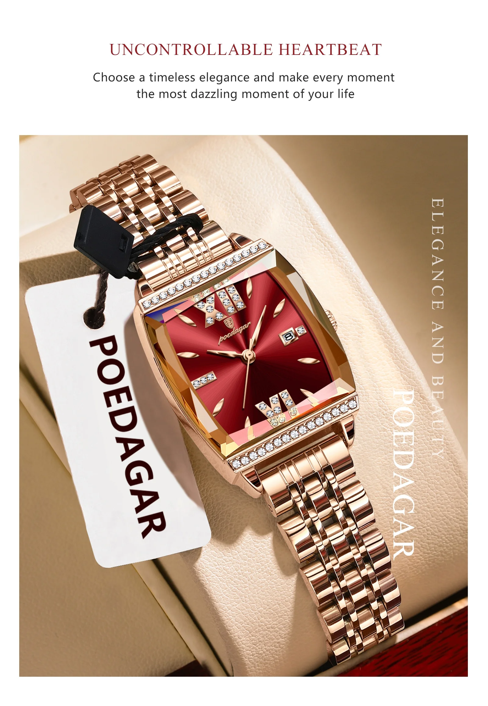 POEDAGAR 795 Tonneau Dial Women Fashion Watch Rose Gold Luxury Quartz Stainless Steel Strap Watches 30M Waterproof Diamond Clock