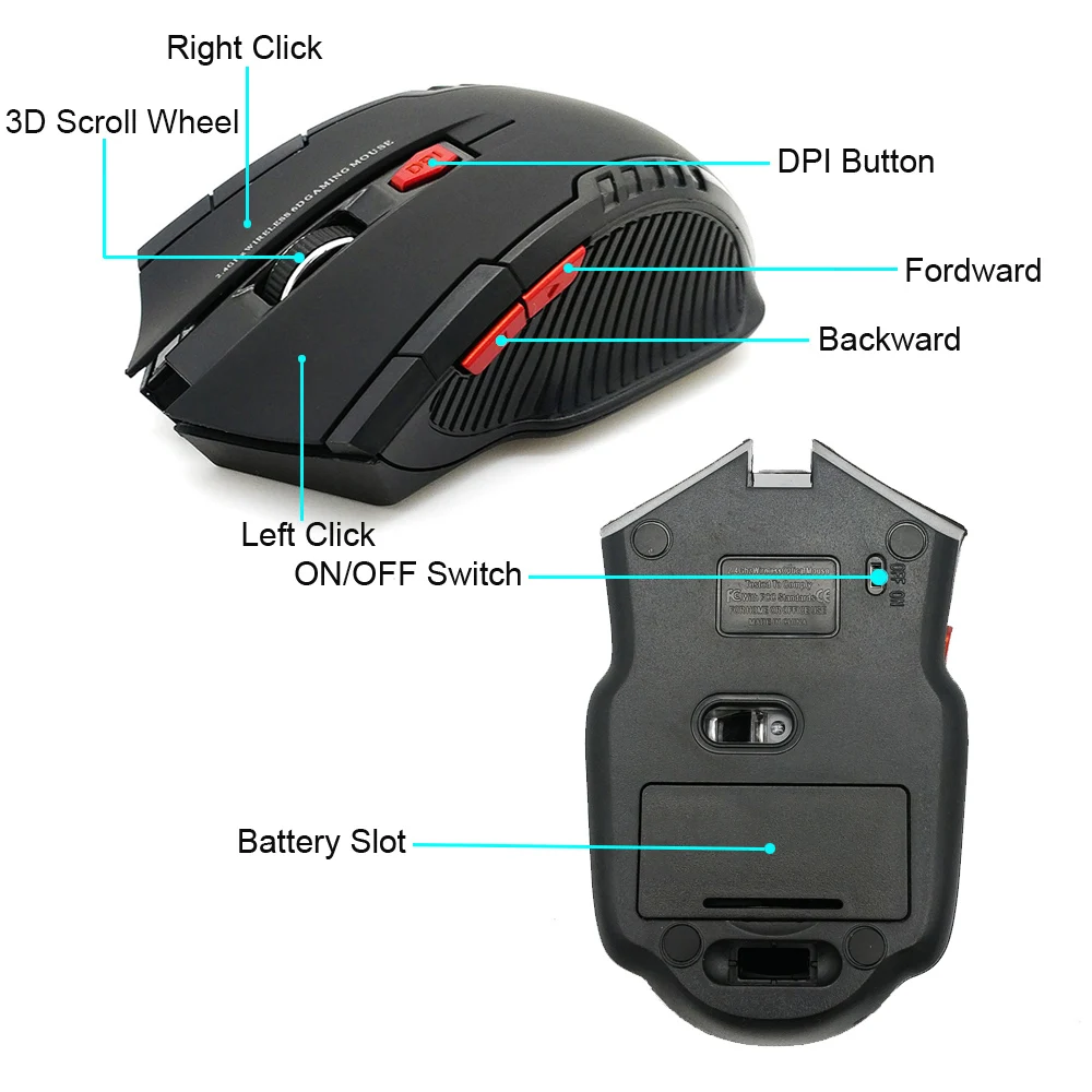 Wireless Optical Mouse - 2.4GHz USB, 6 Buttons, 1600 DPI, Ergonomic For Laptop PC - Black