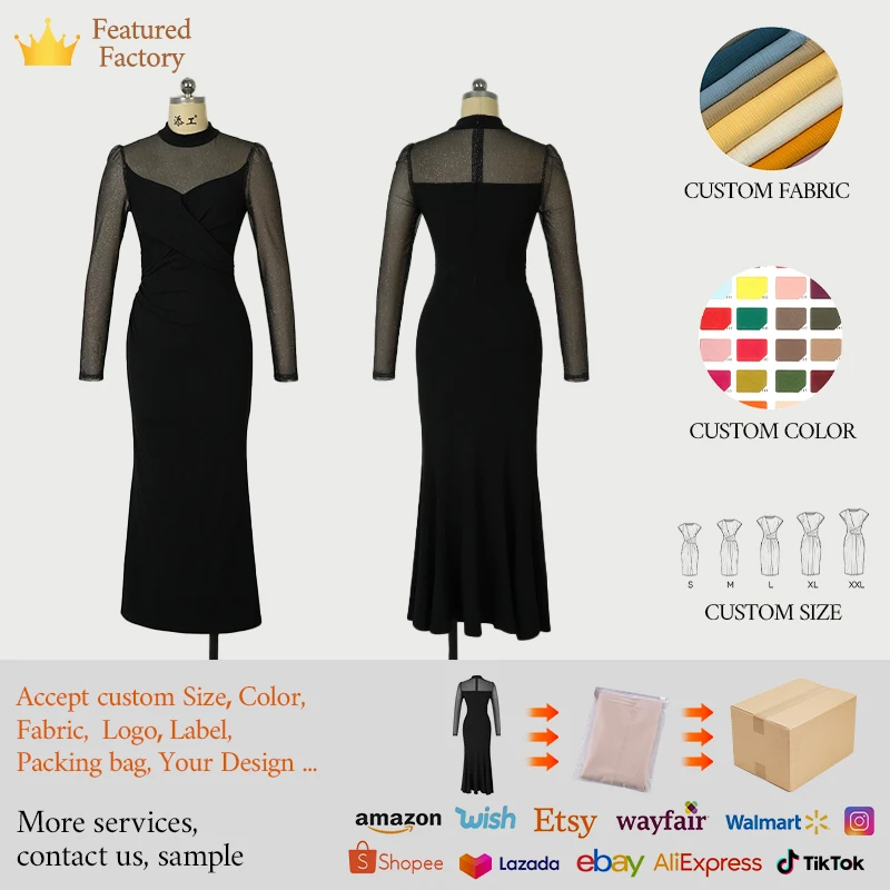 Elegant Long Sleeve Black Bodycon Maxi Dress For Women Oem