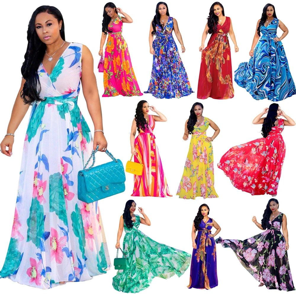 -X9005 Women's dress with deep V-neck sleeveless printed chiffon summer dresses  elegant  10 patterns