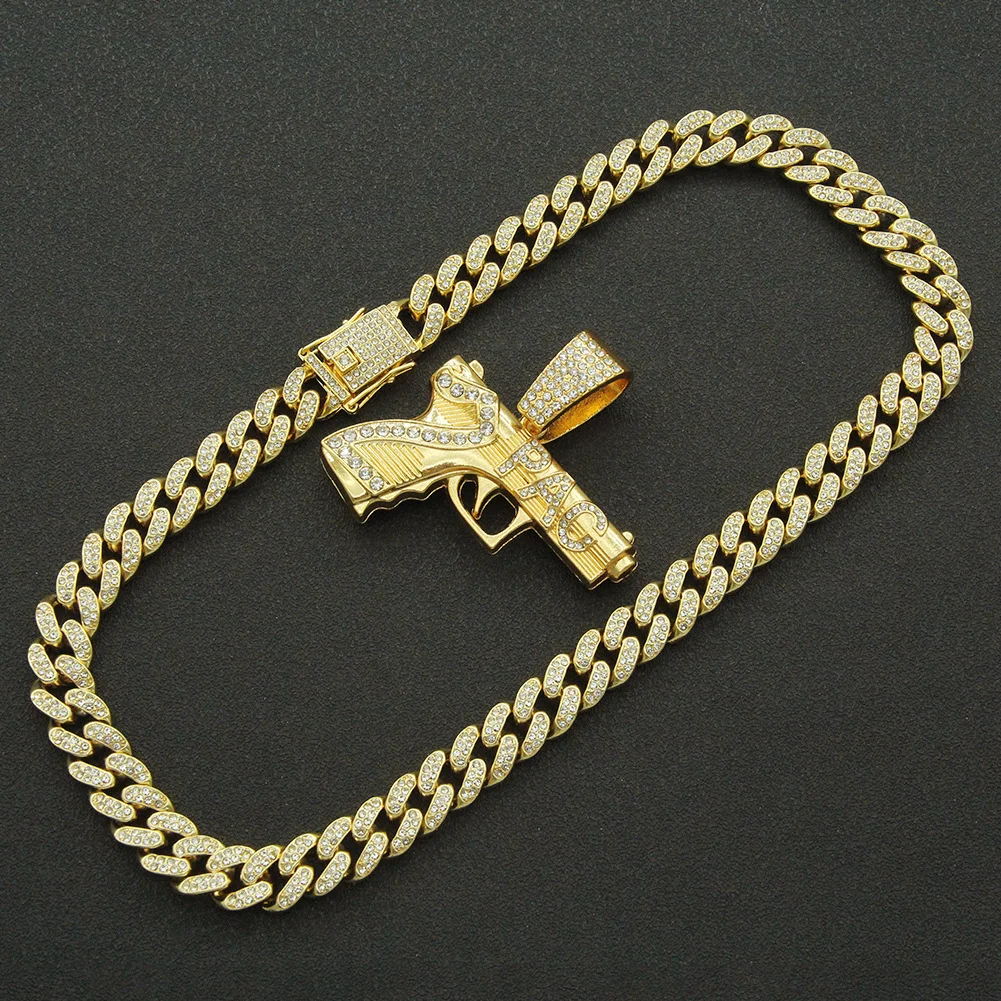 Wholesale Iced Out Cuban Link Chain With Bling AK47 Gun Pendant Necklace Jewelry Colgante De Pistola