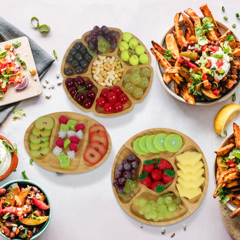 Bamboo Service Plate Round Party Self Dinner Plate 7section Round Nut