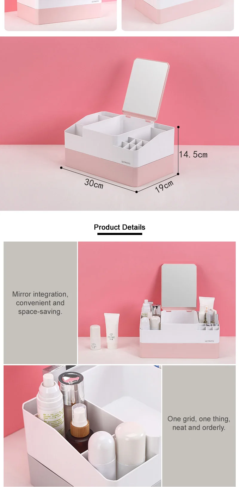 Multipurpose Cosmetics Makeup Organizer Plastic Storage Box With Mirror