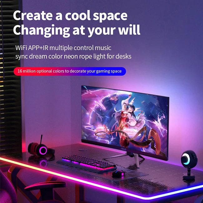 Banqcn Bedroom Ambient Custom Silicon Extrusion Diffused Smart Led Neon Rope Strip Decorative Lights Multi Color for Desks