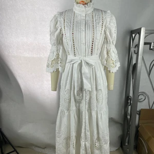 Elegant Vintage Ladies' Long Dress Lace Cut-Out Stand Collar Natural Waistline Woven 100% Polyester Asymmetrical Seven-Point