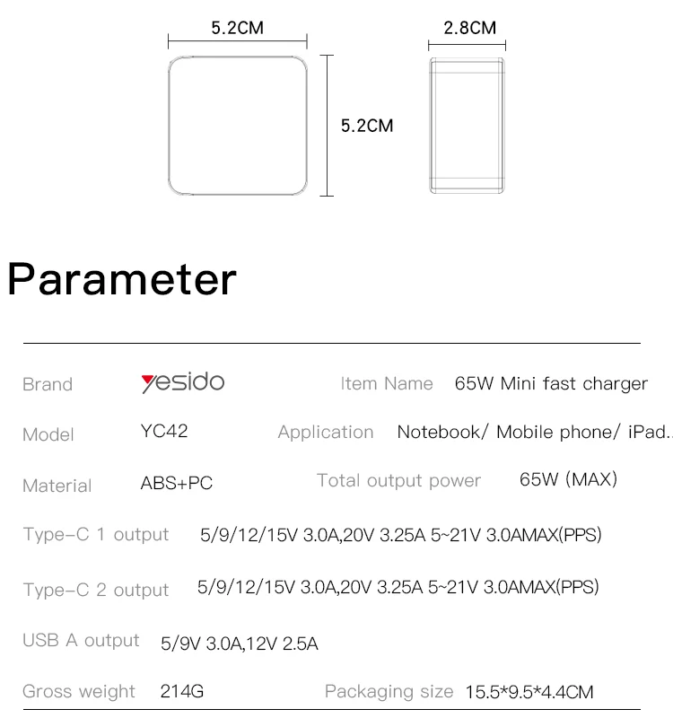 Yesido GaN 3 Ports Charger 3 in 1 Replacible charging plug 65W Mini Fast Charger For EU US UK