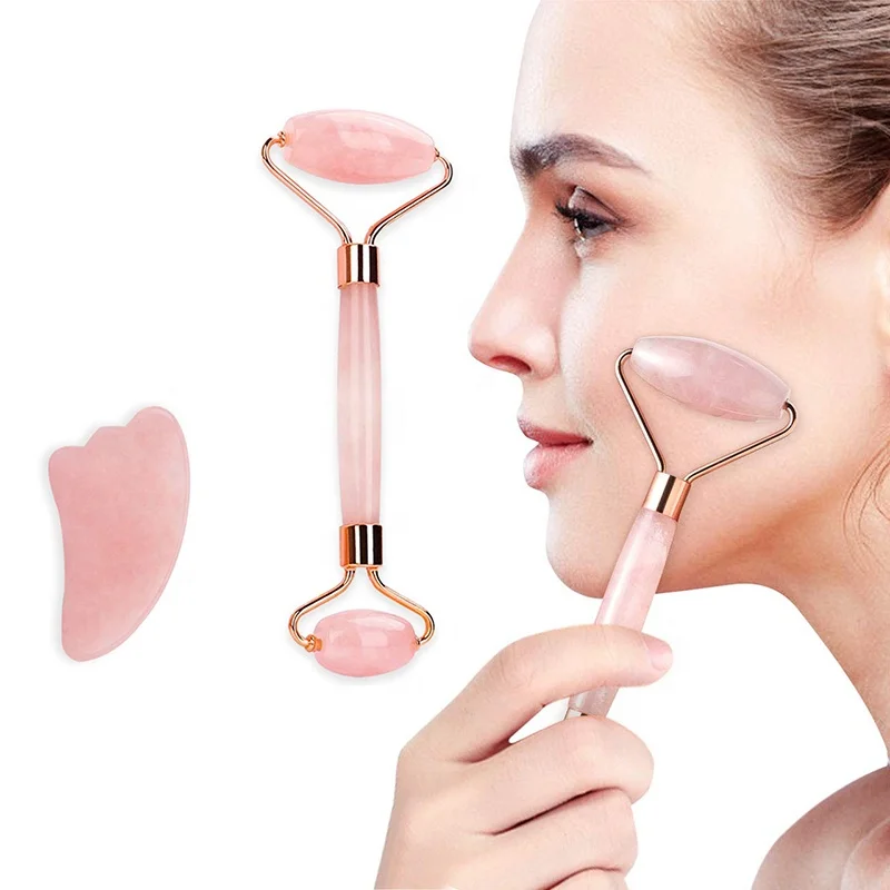 OEM Wholesale High Quality Private Label Beauty Gua Sha Set Natural Pink Rose Quartz and Jade Roller Made From Stone Material