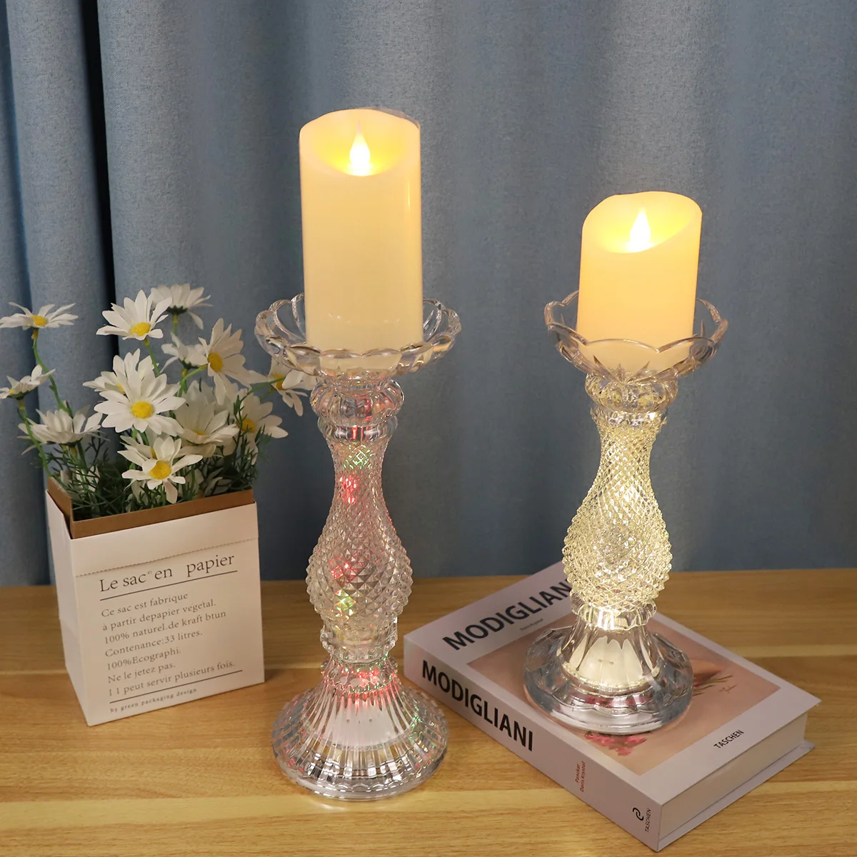 Glass flameless wedding aesthetic candles stick votive candle holders supplies for Led decorative with battery operated