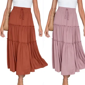 Wholesale Summer Bohemian Maxi Skirt Women White Long Pleated Ruffled Drawstring Casual Plain Beach Layered Plus Size Maxi Skirt