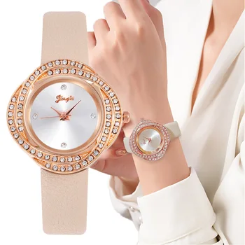 Fashionable and cold style ladies diamond-set dial imitation leather Korean version trend women's quartz watch