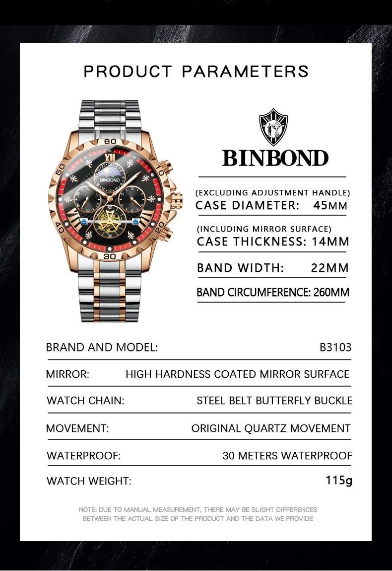 Binbond B3103 Flywheel Moon phase Quartz Watch for Men