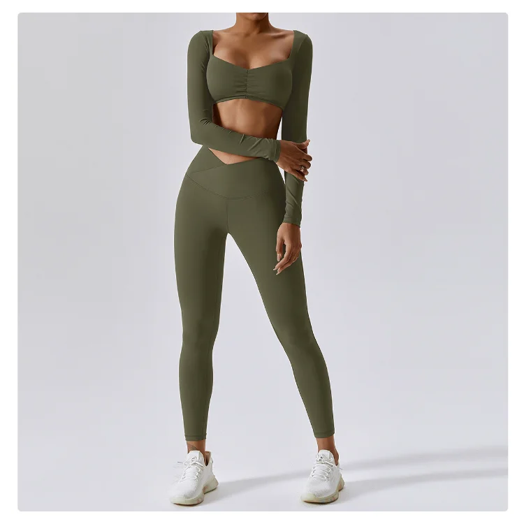 Custom Womens Two Piece Activewear Set Long Sleeve Crop Top V Waist