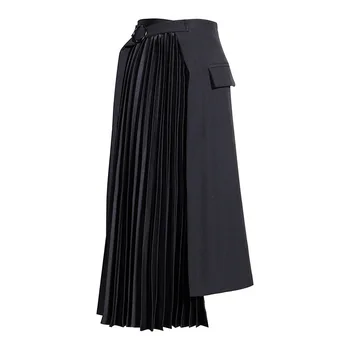 2020 Spring New Style Europe Stylish Black Irregular Design Half Pleated A line High Waist Slim Women Long Pencil Skirt