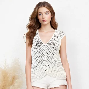 Early Autumn Summer Casual Handmade Knitted Cotton Layered Short Cardigan Anti-Pilling O-Neck Women Vest