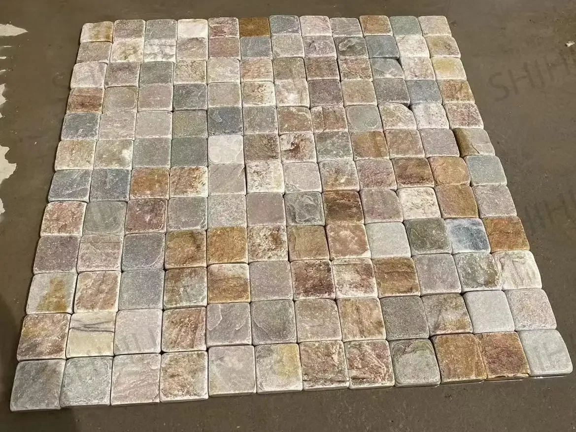 product oyster gold quartzite cobble cube tumbled natural split surface mesh pavers driveway patio paving stone cobblestone slate-1