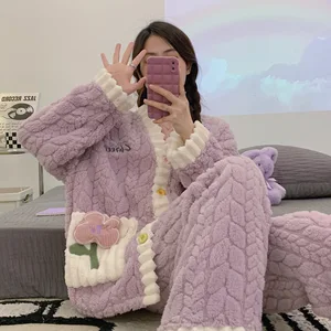 Women's Flannel Pajamas Soft Skin-Friendly Thickened Elastic Waist Knitted Home Wear Winter Warm Pajamas Suit