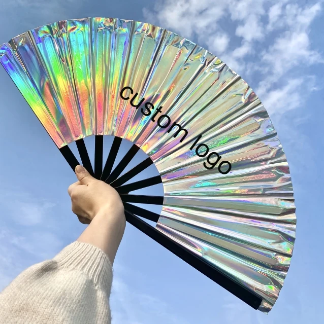 New Arrival Handmade 33cm 13inch Laser Rave PVC Holographic Reflective Film Fan Pvc Hand Fan for Party Performances Gifts Dance