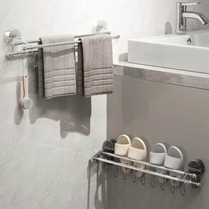 Single-Tier Plastic Bath Towel Rack with Suction Cup No-Drill Wall-Mounted Design Includes Toilet Hooks Storage Rack