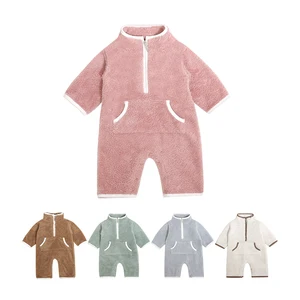 2026 Custom Design Wholesale Kids Winter Jumpsuits Soft Long Sleeve Zipper and Pocket Design Baby Rompers