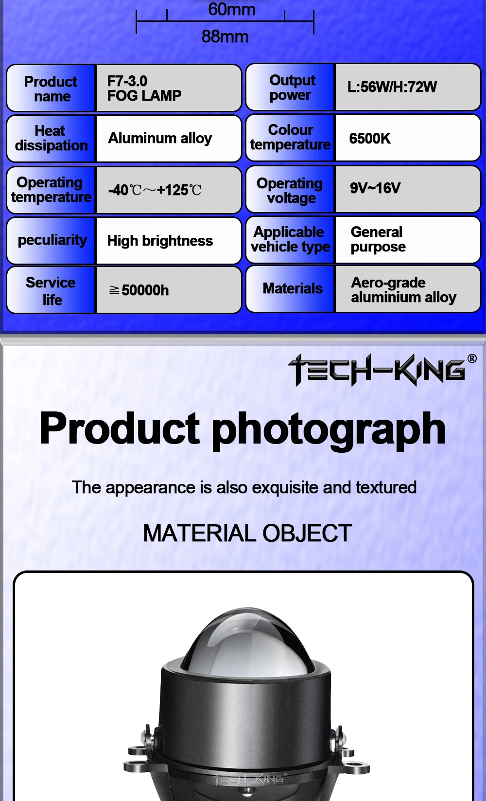 TECH-KING 3inch 56w 72w H11 3000K 6000k 3colour high Low Beam Universal bi Led projector Fog lamp High brightness lens fog lamp