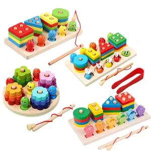 Wooden Montessori Toys for 3+ Year Olds 2 in 1 Toddler Learning Shape Color Sorting and Stacking Toys and Magnetic Fishing Game