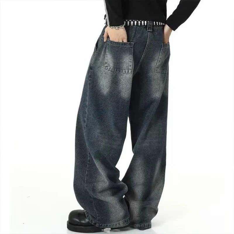 Herren Loose Fashion Baggy Stack Jean Washed Jeans mit weiter Länge Vintage Stonewashed Denim Hose mit weitem Bein_voghion.com
