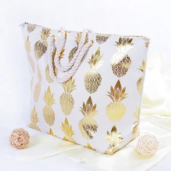 Wholesale New Design handbag Metallic Pineapple Cotton and Polyester Large Size Beach Bag Eva Summer Tote Beach Bag for women