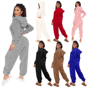 Winter lady long sleeve hooded casual one-piece pants women's pajamas plush home clothes girls lovely nightwear
