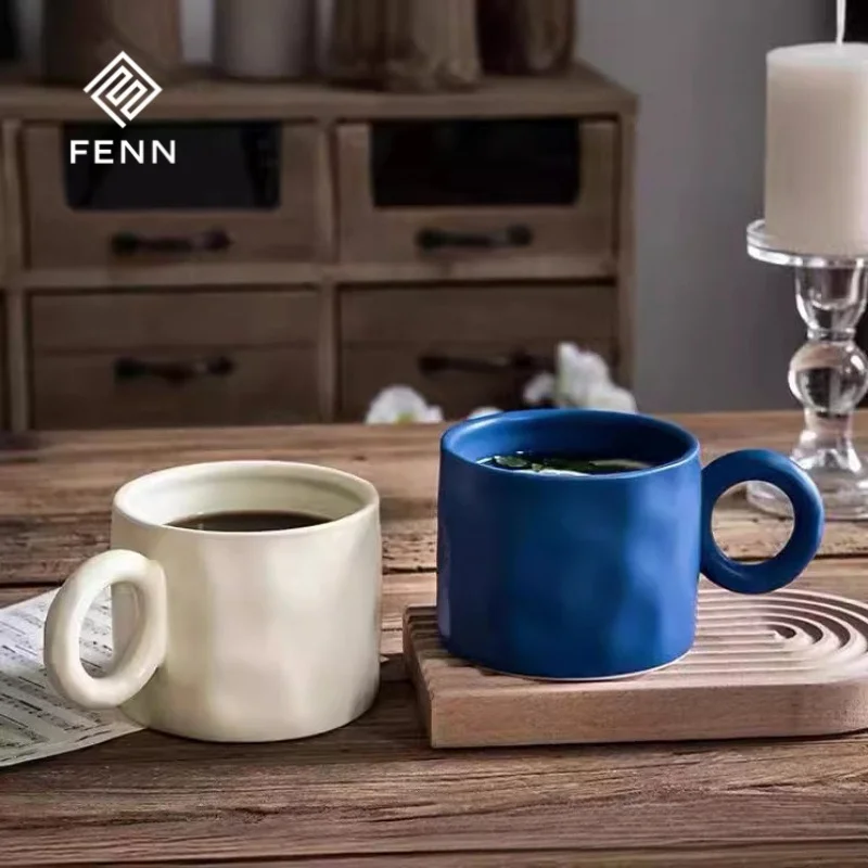 FENN Wholesale Vintage Simple Ceramic Mug Custom Pottery Mug Milk Cup with Round Ear Handle Business Coffee Cup and Gift Mug