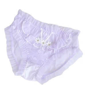 Women's Hot Sexy Silk Lingerie G-String Lace Underwear High Cut Sheer Cute Panties with Embroidery Decoration