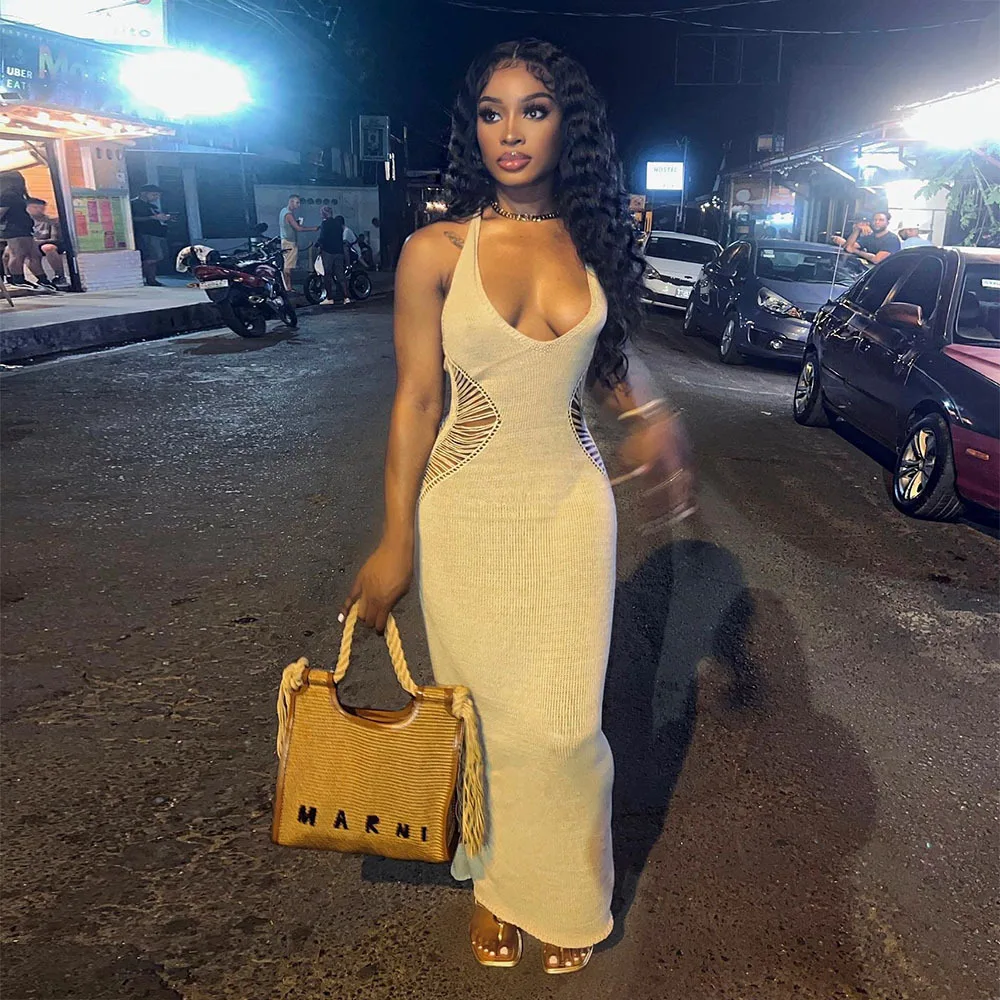 Wholesale Sexy Summer Halter Hollow Out Deep V Neck Dress Casual Sleeveless  Backless Long Dresses Women