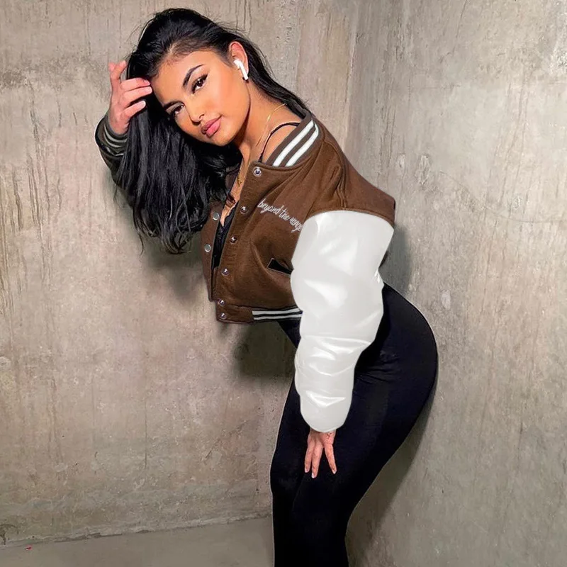 Прямая поставка, Женская бейсбольная куртка 1 шт., оптовая продажа, осень 2021, женский укороченный топ большого размера с длинным рукавом и принтом в виде букв, куртка