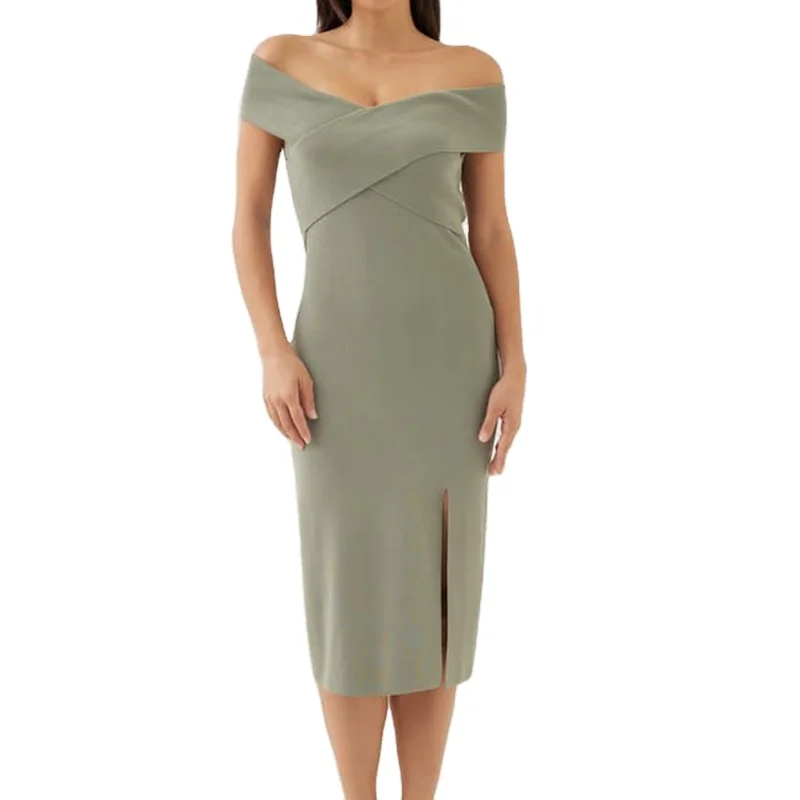 Wholesale Ladies Office Dress for Special Occasion Off Shoulder Slit  Bodycon Elegant Midi Women Dress