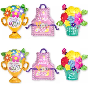 New design trophy flower garden apron shaped foil balloons for happy mother's day in both English and Spanish