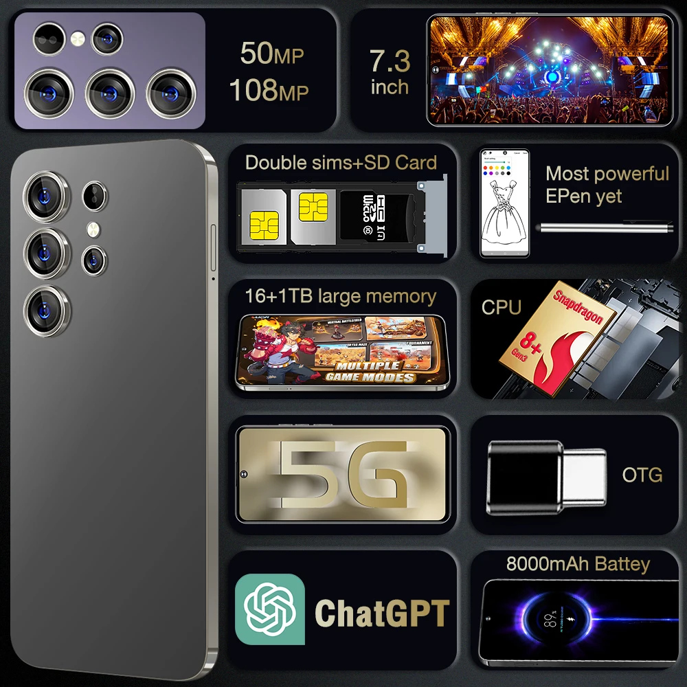 Latest Global Version Smartphone S25 Ultra+ Fold Design Phone High Refresh Rate Screen GPS Spotify 5g LTE Cell Mobile Phone