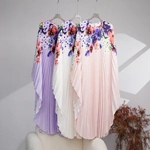 Miyake Pleated Fast Shipping 2025 New Print Loose Plus Size Bat Sleeve Dress Fashionable Woman Kaftan Elegant Pleated Dress