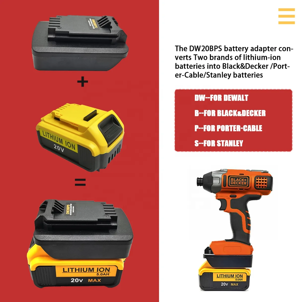 Battery Adapter for DeWalt 18V/20V Lithium Battery Converted to Black&Decker Porter Cable Stanley 18V 20V Battery Tool, Size: One Size