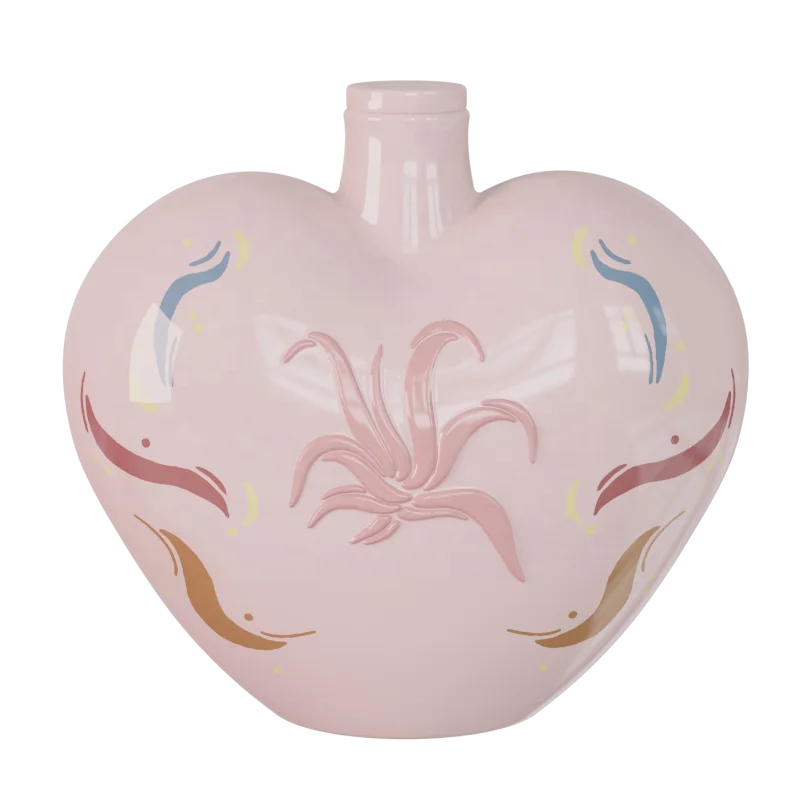 Handmade Custom Decal Heart Design Embossed Agave Pattern Glazed pink Ceramic Empty Liquor Decanter Tequila Whisky Wine Bottle