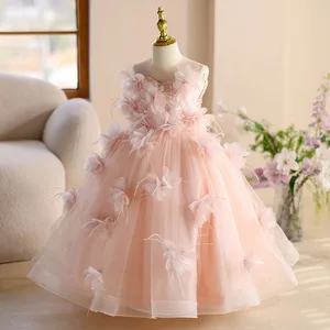 Summer 2-9 Years Girls Birthday Party Princess Dresses for Kids Polyester Sleeveless pink 3D Floral Sequins Flowers Girl Dresses