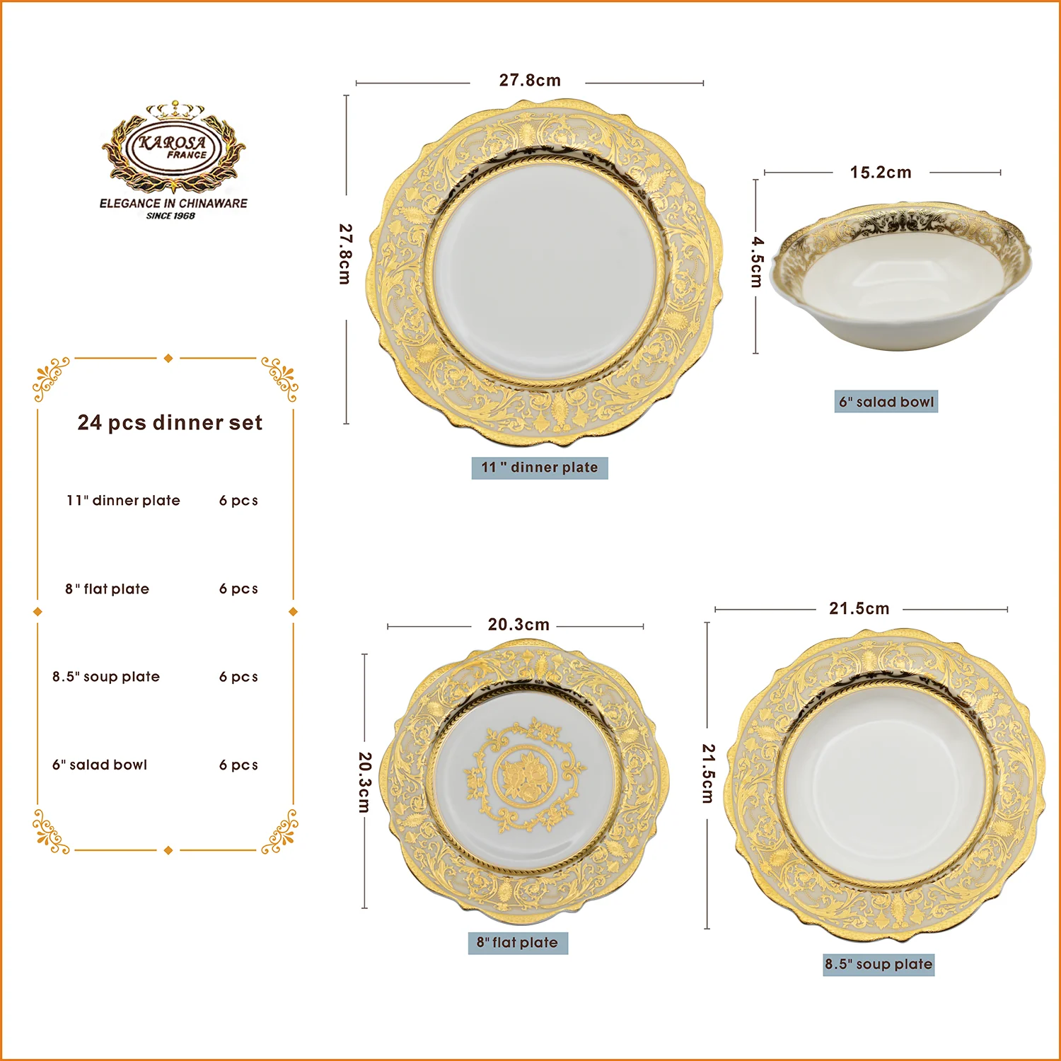 Karosa 24pcs Embossed Gold Porcelain Tableware Set Luxury Style Bone ...