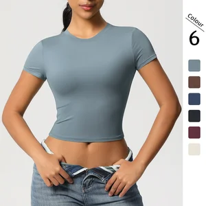 Slim Fit Quick Dry Short Sleeve Sports Top for Women Double Nylon Stretch T Shirt for Pilates Yoga and Running